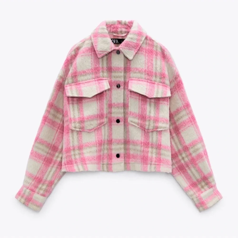 NWOT Zara Pink Cropped‎ Plaid Shacket Overshirt size small